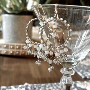 Natural white stone and glass beadwork dangle earrings
